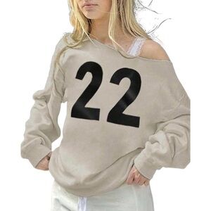 Lilihoo 22 Print Asymmetrical Neckline Sweatshirt Beige